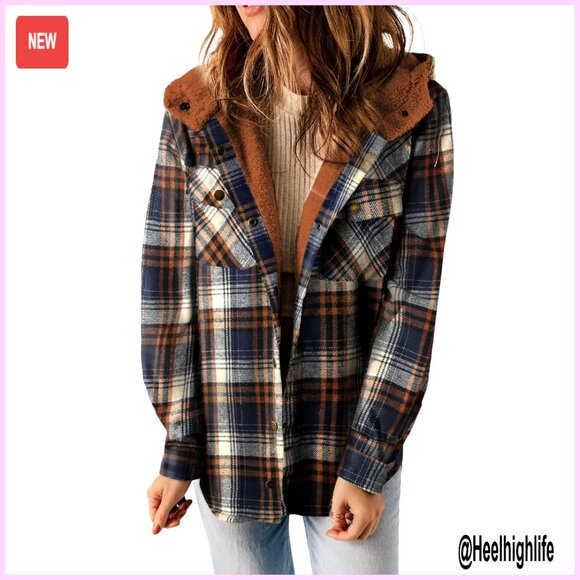 Women's Fleece-Lined Plaid Hooded Jacket Long Sleeve Button-Down Loose Fit